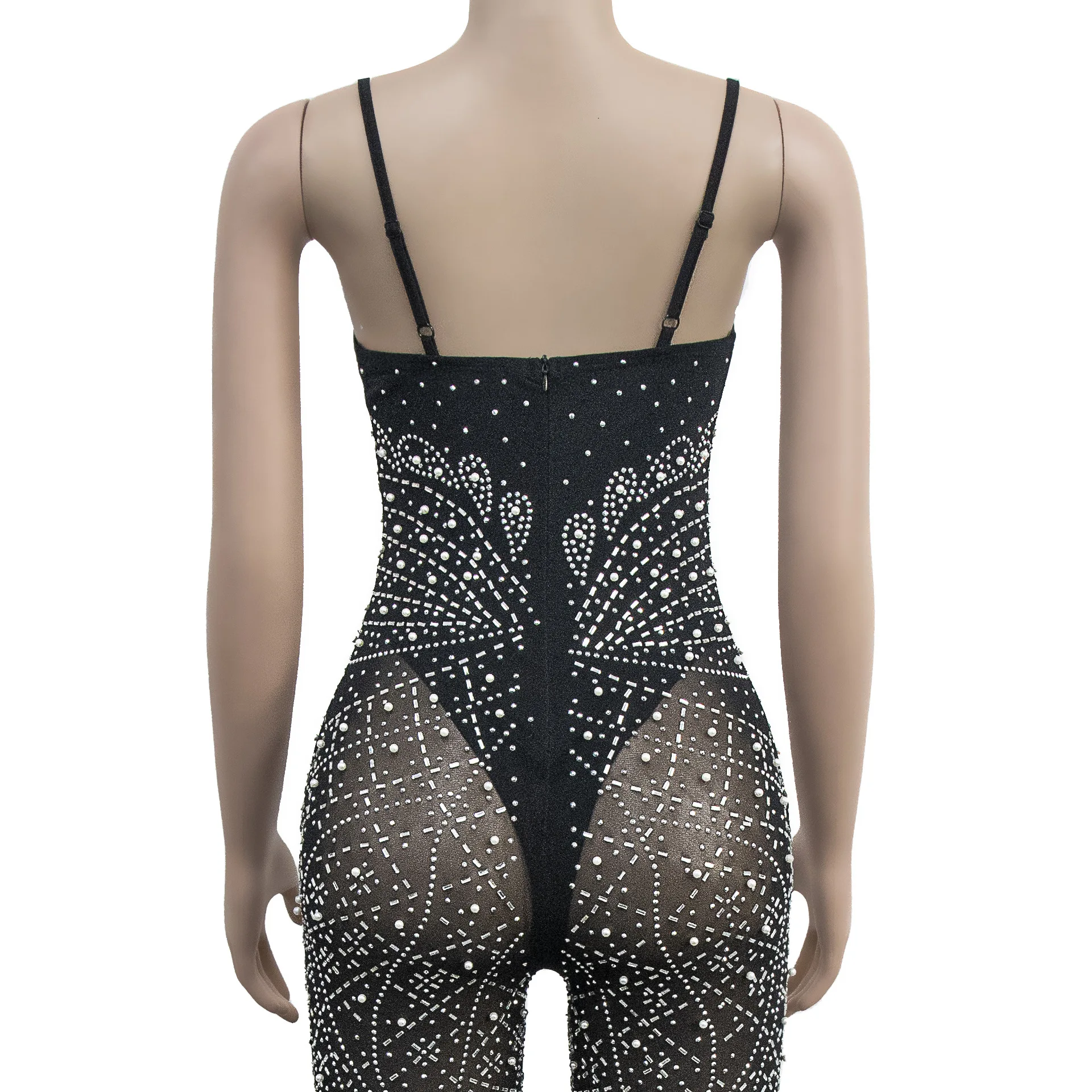 Fashion Women's Solid Color Mesh Press Drill Sleeveless Halter Jumpsuit Summer Elegant Party Nightclub Temperament Jumpsuit