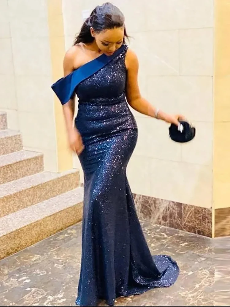 

Sparkle Navy Blue Mermaid Wedding Guest Evening Prom Dresses for Bride One Shoulder Sweep Train Sequined Special Summer 2023