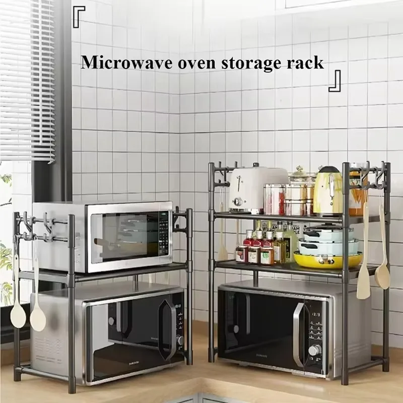 Space Saving Microwave Storage Rack Hooks Multi-Layer Sturdy Organizer Kitchen Countertop Storage Cabinet Essentials