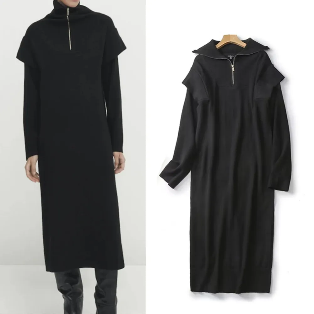 

Women's Long Knitted Dress, Zipper Collar, Black, New, Autumn and Winter, 6635750