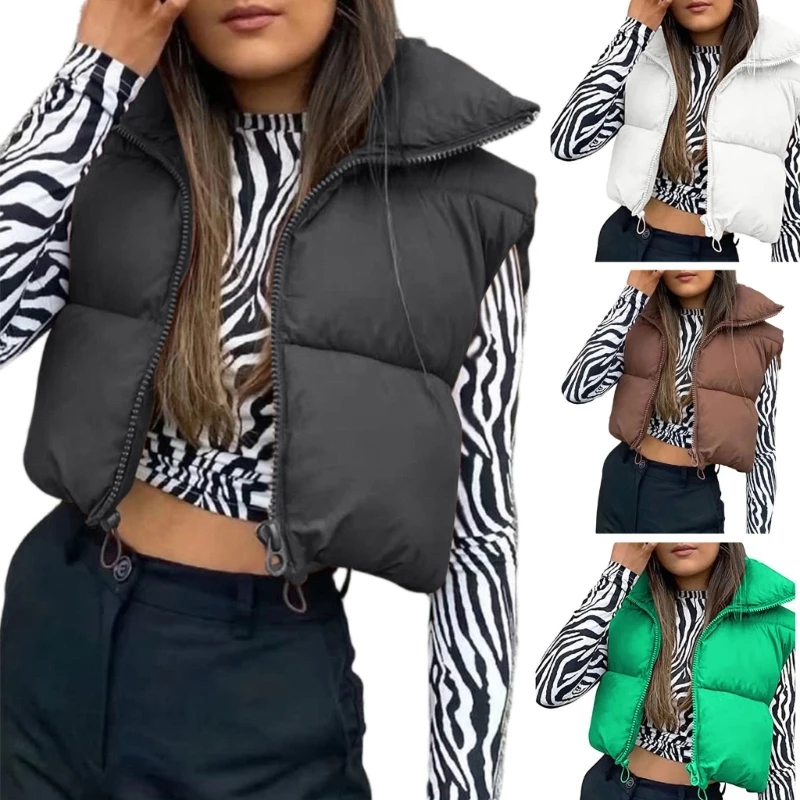 Women Stand Collar Crop Puffer Vest Lightweight Sleeveless Winter Warm Vest