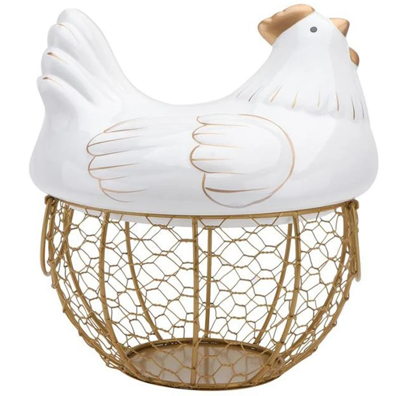 

Ceramic Iron Chicken Egg Basket Holder Snack Fruit Sundries Storage Box Hen Ornaments Container Organizer Rack-A