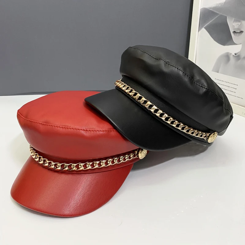 

Europe and The United States Hat Women Spring and Autumn British Vintage Red Beret Fashion Chain All Wear Cap PU Navy Hat Tide