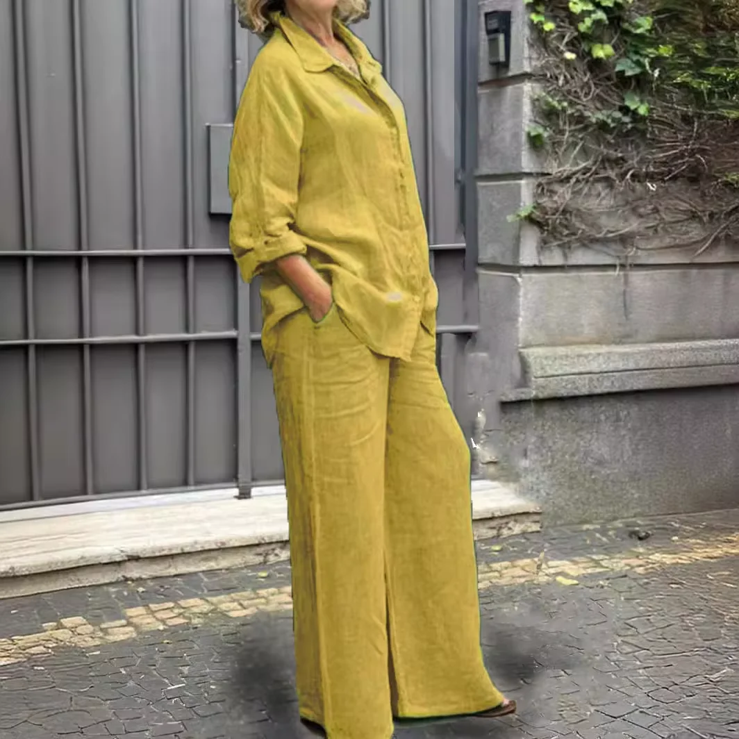 Women Linen Casual Shirt 2 Pieces Set Fashion Lapel Long Sleeve Button Blouse And Trousers Outfits Loose Wide Leg Pants Suits women linen outfits