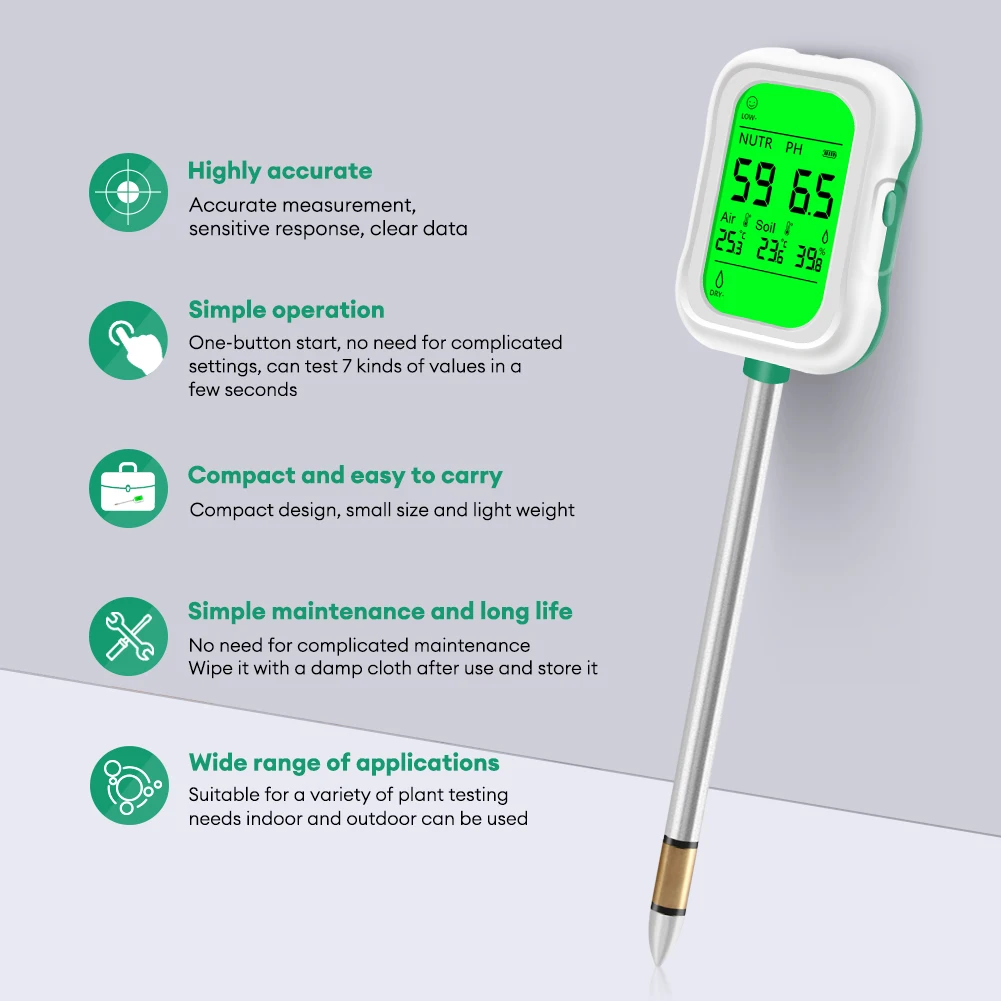Soil Meter Digital pH Moisture Fertility Light Temp Humidity Analyzer for Garden