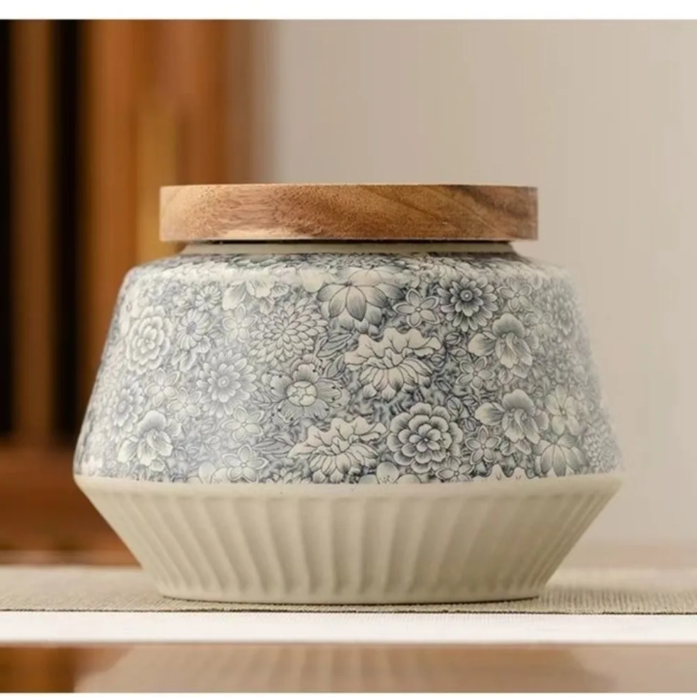 Nordic Retro Flowering Ceramic Tea Caddy Moisture Sealed Storage Box Household Countertop Decoration Jar Crafts Home Decoration 2
