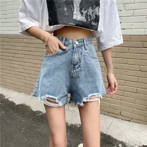 2022 New Spring Style Denim Shorts Women 'S Loose Broken Holes Pants Slim Fit Slimming A- line Pants Versatile Hot Pants women's swim shorts Shorts