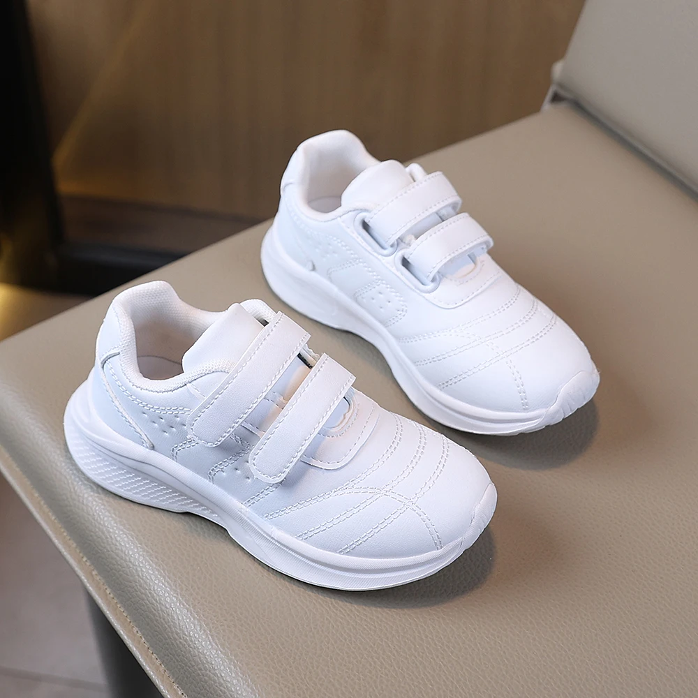 COMFY KIDS 남아 여아 흰색 가죽 후크앤루프 스쿨 스니커즈, 부드러운 쿠션 논슬립 방수 캐주얼 러닝화, 모든 사이즈