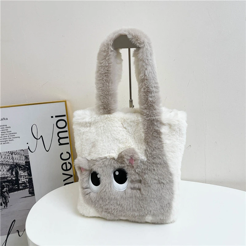 Soft Plush Bag Women Large Capacity Creative Cartoon Tote Handbag Cute Single Shoulder Bag Winter Fluffy Shopping