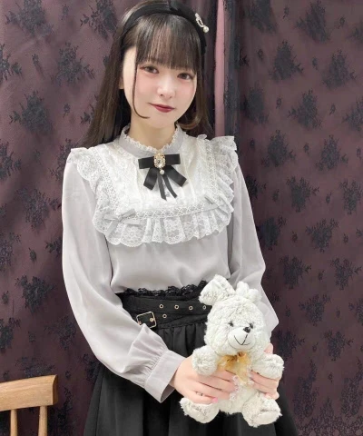 일본 광산 소녀 로지타 셔츠, 귀여운 활 레이스 패치워크 긴팔 셔츠, 용수철 및 여름 블라우스