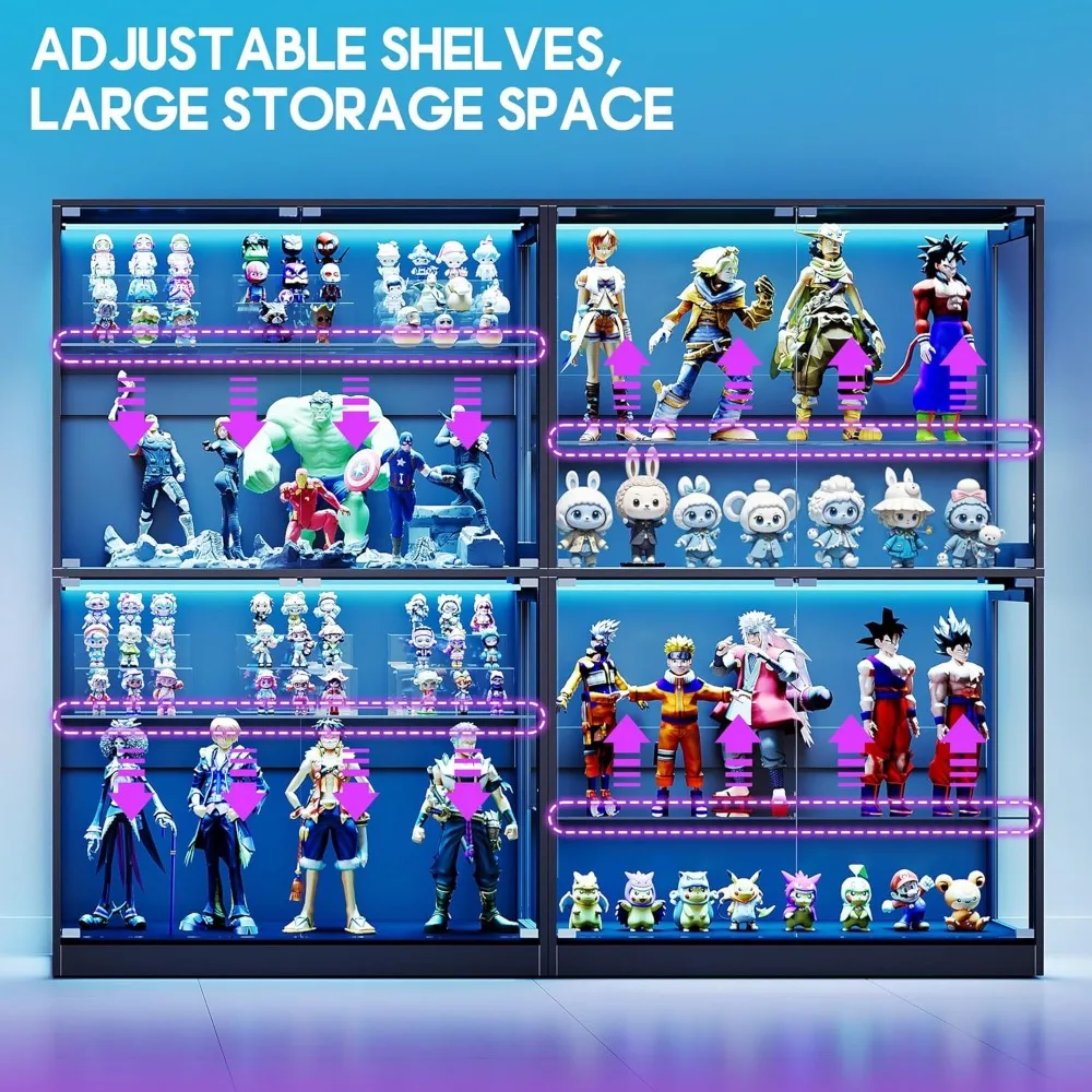 rgb display cabinet with adjustable glass shelves, 4-tier storage case with led lights & press-to-open doors, modern display sh