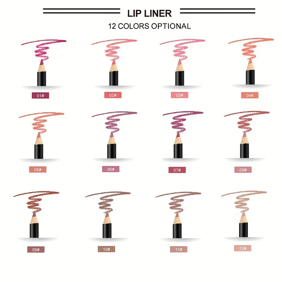 12-Color Lip Liner Pencil Velvety Texture 24-Hour Long-Wear Waterproof & Smudge-Resistant Can Use For Lip & Eyes