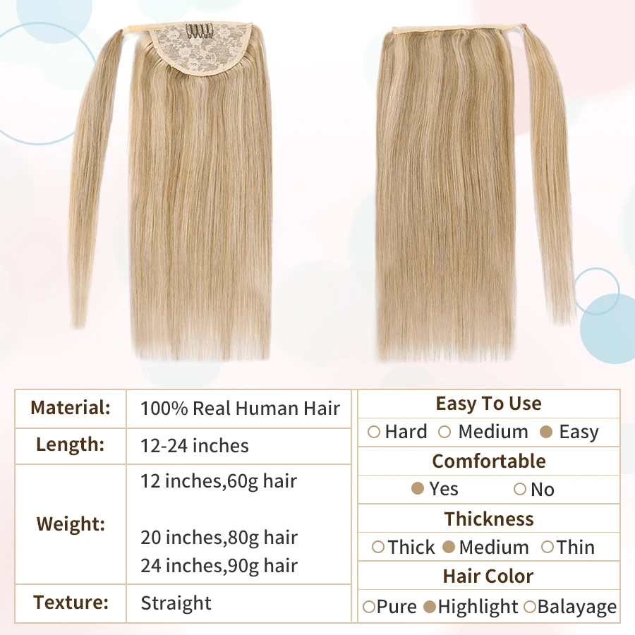 AW 12''-24'' Ponytail Human Hair Wrap Around Machine Remy Hair Extensions Brazilian Hair Extensions Clip Ins Blonde Brown Color