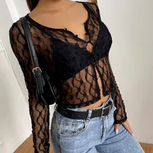 

Cropped Top Cardigan Clothes Women's Sexy Long-sleeved Net Gauze Hollow See-through Lace Cropped Top Short Cardigan Top T-shirt