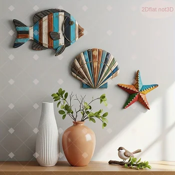 1 Set of Colorful Wooden Ocean Art Wooden Sea Fish Shells Starfish Farmhouse Style Decor Living Room Bedroom Wall Art Decoration 1