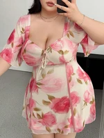 Plus Size Romantic Floral Pink Yellow Ruffle Sleeve Dress Short Sleeve V Neck Waistband Fitted Tiered