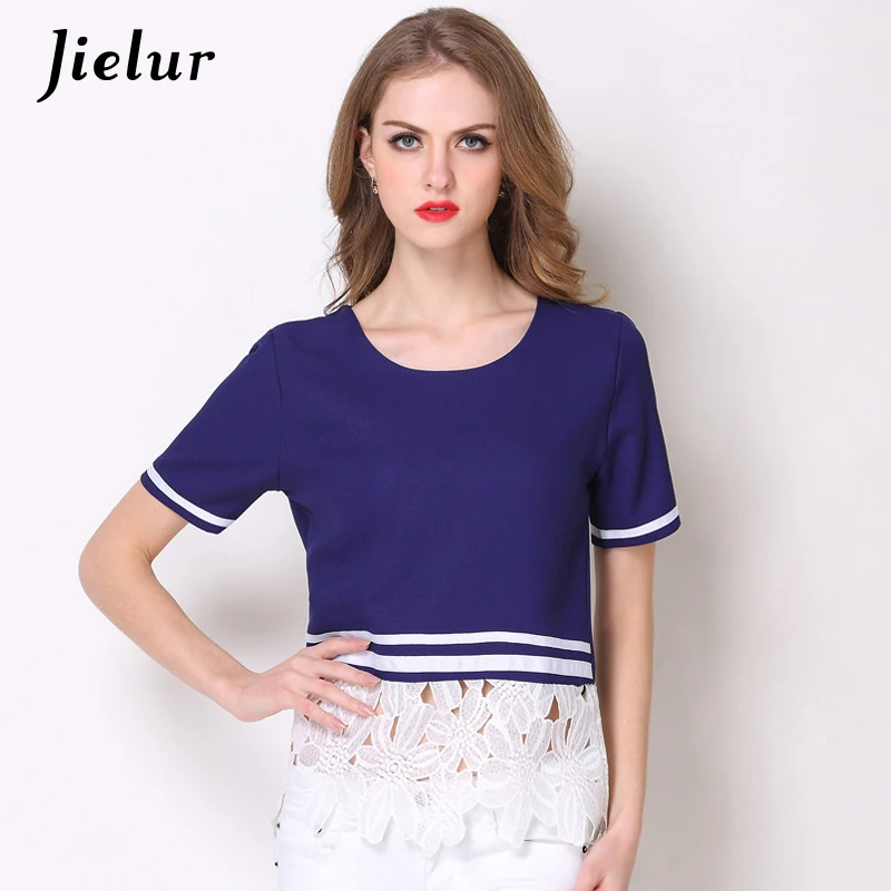 

Европейская летняя мода, кружевные женские футболки с коротким рукавом, элегантная женская футболка с вырезами в стиле пэчворк, Женский шикарный топ