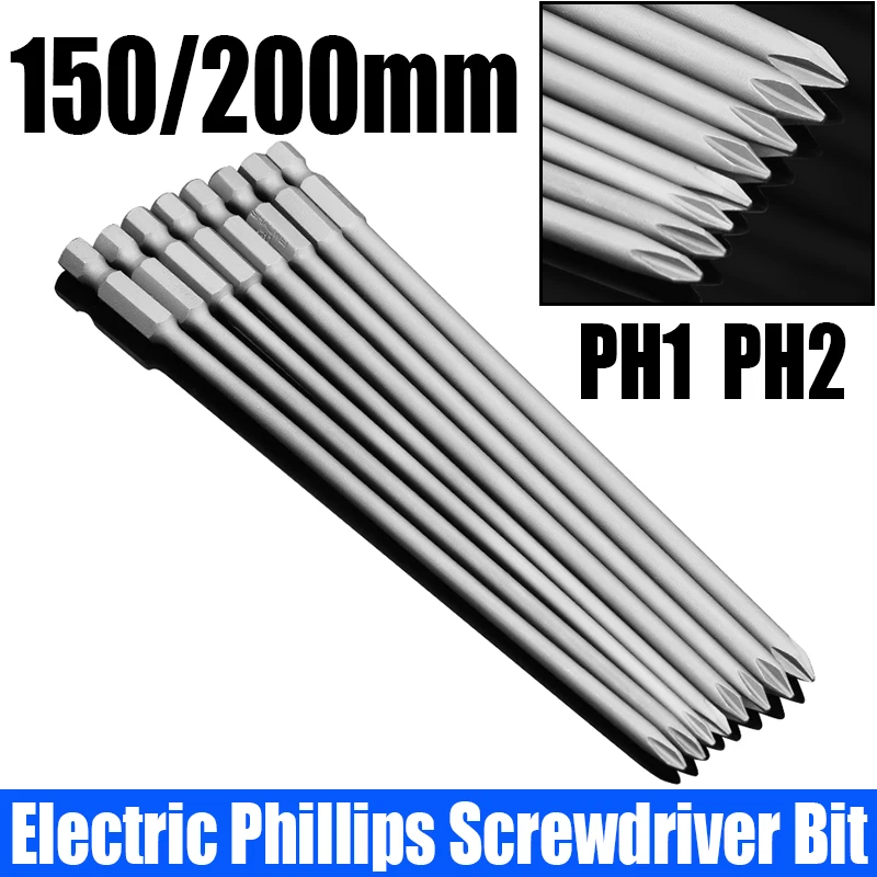 1PCS 150/200mm Electric Phillips Screwdriver Bit PH1 PH2 Strong Magnetic Batch Head Extended Cross Screwdriver Bit Impact Driver