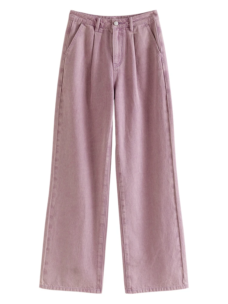 ZIQIAO Straight-leg Pink Jeans for Women High-waist Slim Floor-length Pants 2024 Spring New Wide-leg Chic Style Trousers Female 5