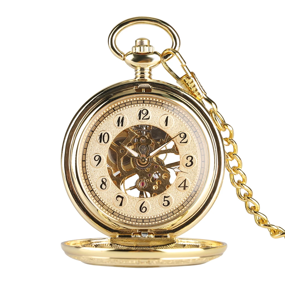 Premium Golden Pocket Watch featuring an antique-style open face, black numerals, visible inner gears like a skeleton dial, and an attached golden chain.