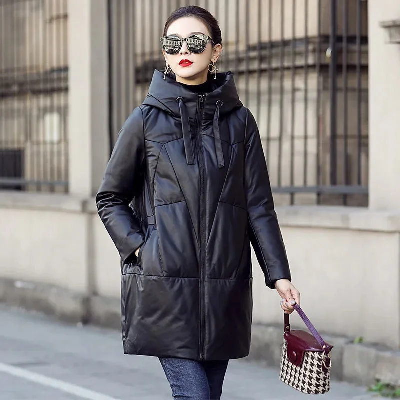 Black PU Leather Coat Hooded Down Cotton Clothes Women's 2024 Winter Cocoon-Type Thick Loose Cotton-Padded Jacket Thick Parkas