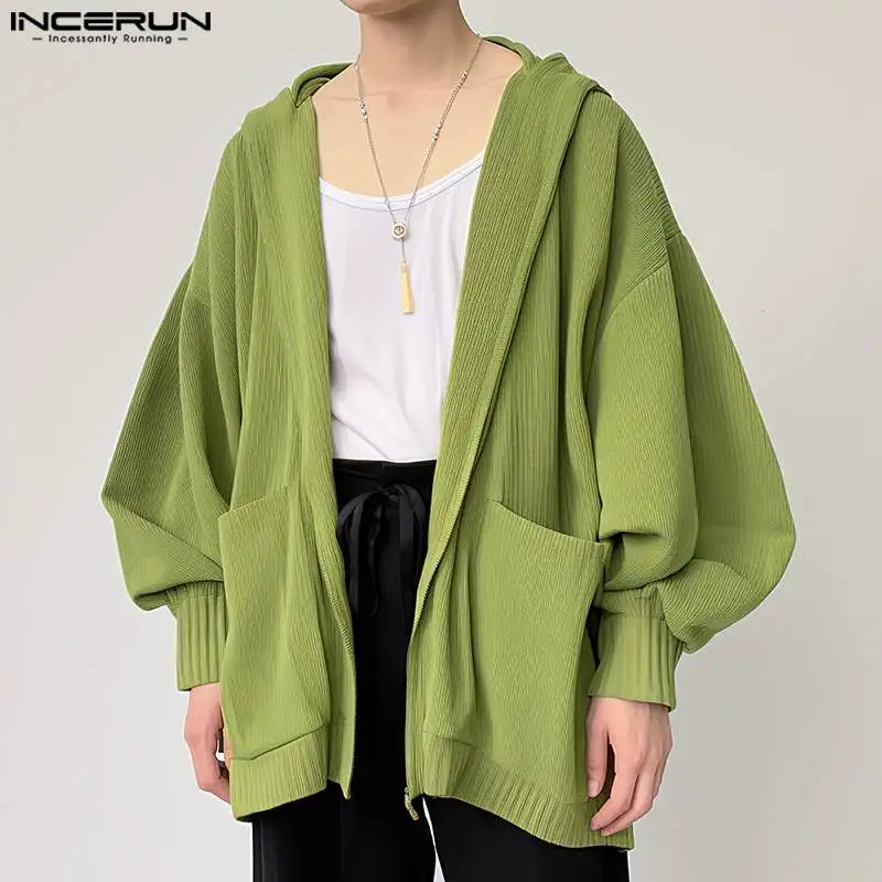 

Fashion Casual Style Tops INCERUN Mens Loose Zipper Design Jacket Male Solid Large Pocket Long Sleeved Hooded Jacket Coats S-5XL