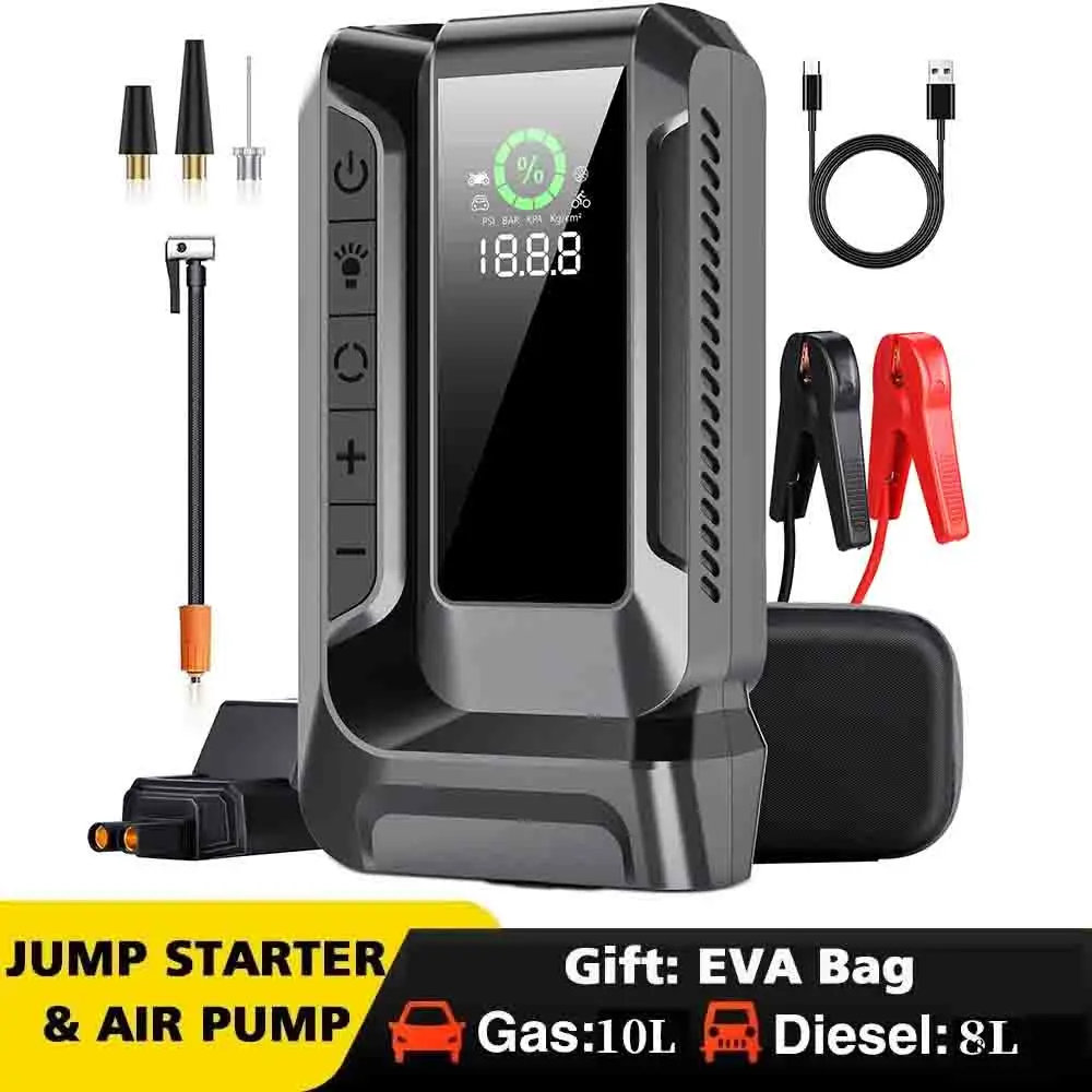 Car Jump Starter Jump Starter 3 in1 Car Jump Starter Emergency Air Pump 160PSI Air Compressor 20000mAh Peak Current 4000A Starter Device Tire Inflator