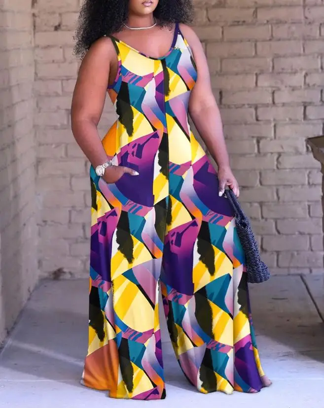 Women's Casual Jumpsuit 2024 Spring Summer Latest V-Neck Plus Size Faith Print Ombre Wide Leg Romper Vintage Sleeveless Bodysuit