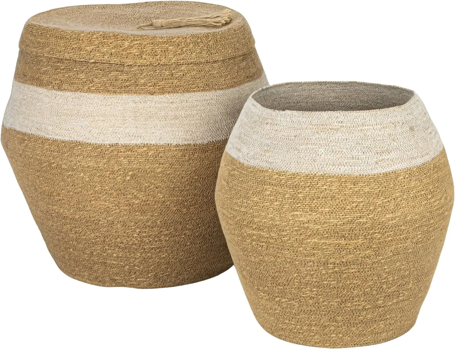 

Creative Co-Op Seagrass Woven Baskets with Lid, Stripe and Tassel, Natural and White, Set of 2