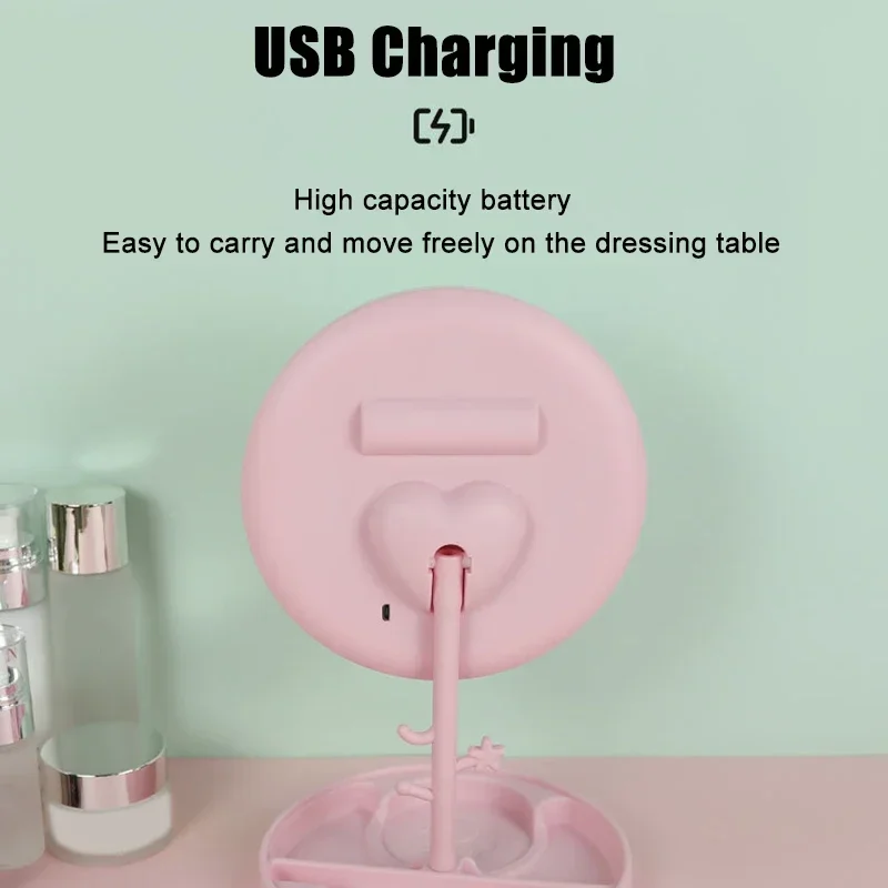 3 Colors Light Led Makeup Mirror With Stand Design Charging Bench Makeup Mirror Ins Girls Small Portable