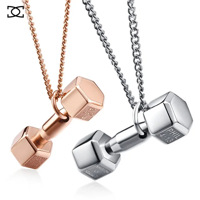 Titanium steel fitness dumbbell barbell pendant couple weightlifting sports bodybuilding necklace jewelry