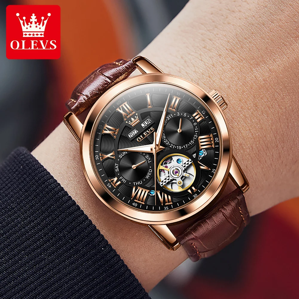 OLEVS Mechanical Watch for Men Dual Calendar Date Week Clock Skeleton Waterproof Leather Strap Men's Wristwatch Automatic Watch