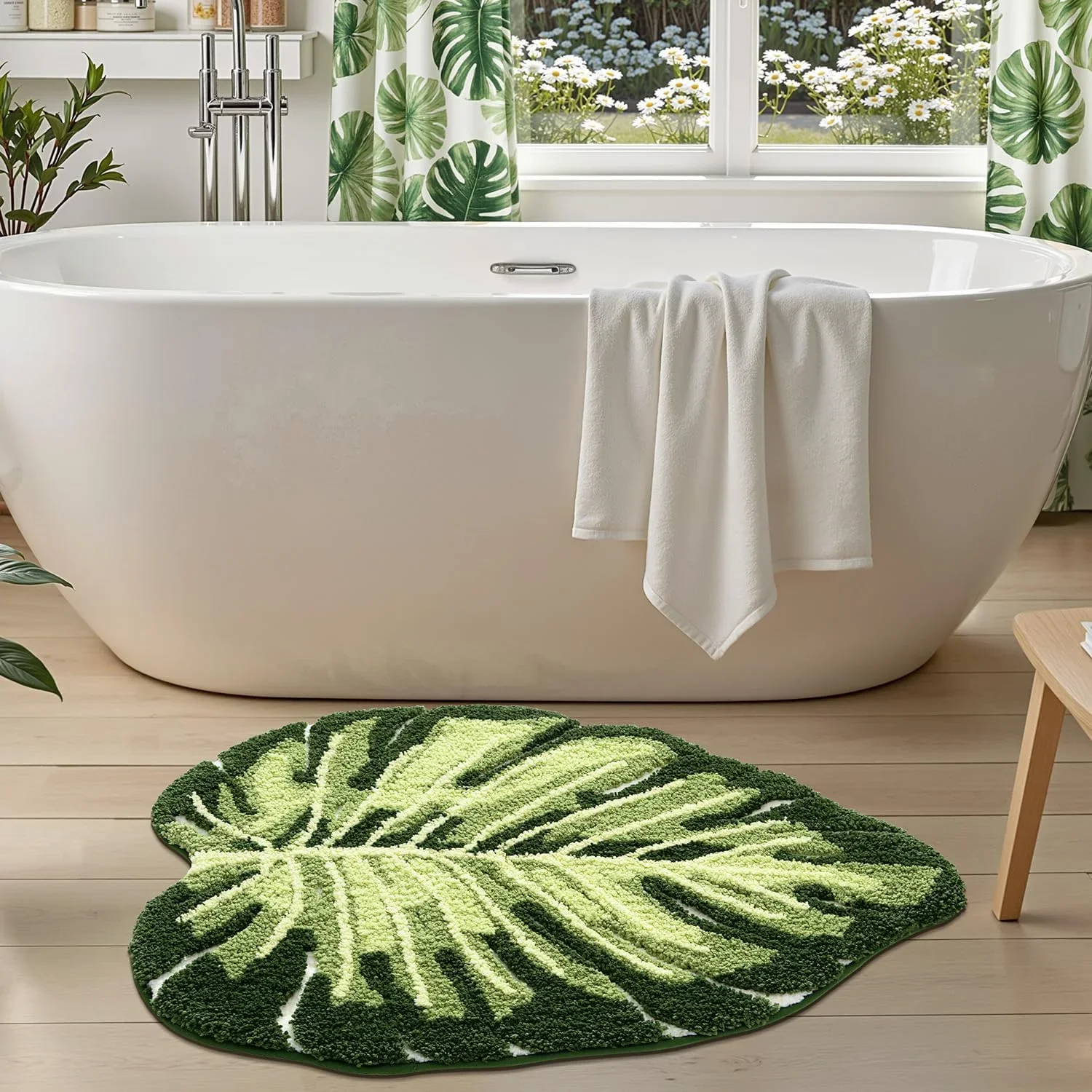 VIKAMA Rutschfeste Badematte, grünes Blatt-Design, Badezimmer-Bodenmatte, maschinenwaschbar, weiche Duschmatte, geeignet für Schlafzimmer, Heimdekoration – Detail 3