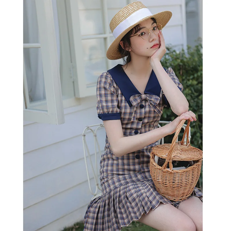 

Women's Summer Dress 2024 Vintage Flounced Plaid Short Sleeve Peter Pan Collar Puff Sleeve Single Breasted Dresses