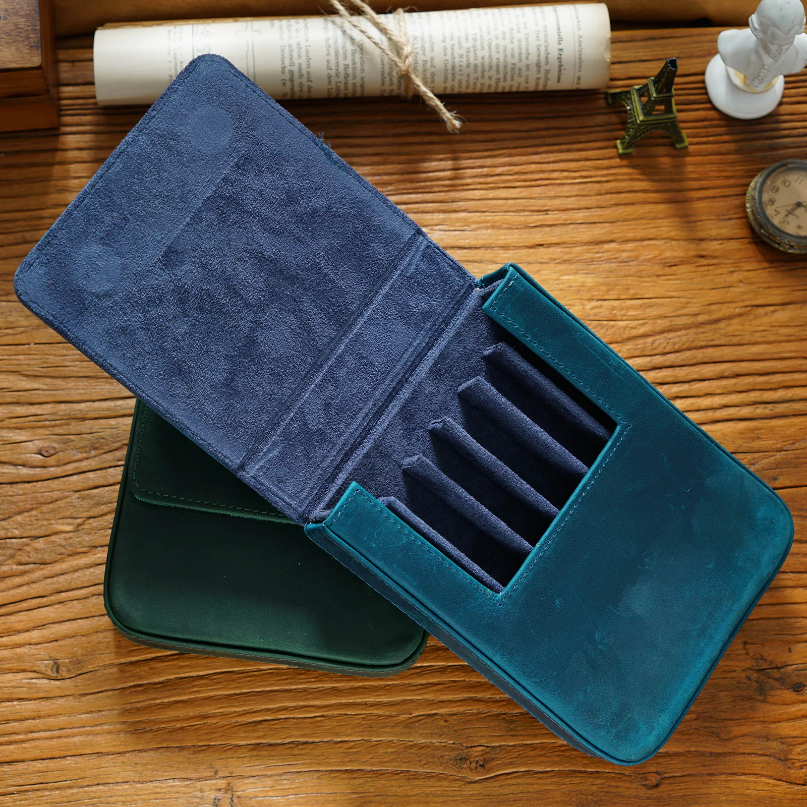 Vintage Genuine Leather Pen Pouch Case with 6 Slots Removable Pen Tray Holder Retro Pen Bags High-end School Office Supplies 3