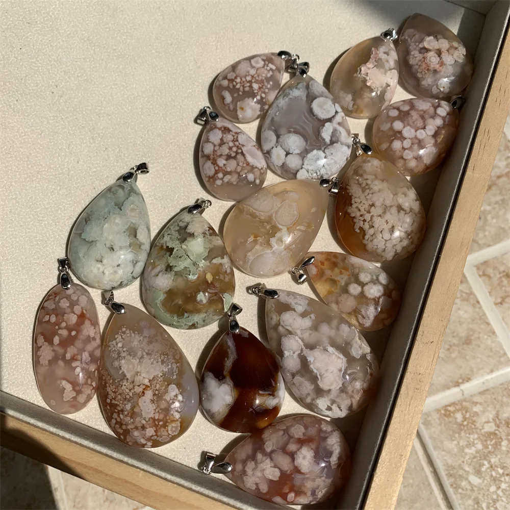 Natural Sakura Agate Pendants Necklaces for Women Blooming Flowers Beads Popular Pet Rock Soul Stones Gifts 925 Silver Jewelry
