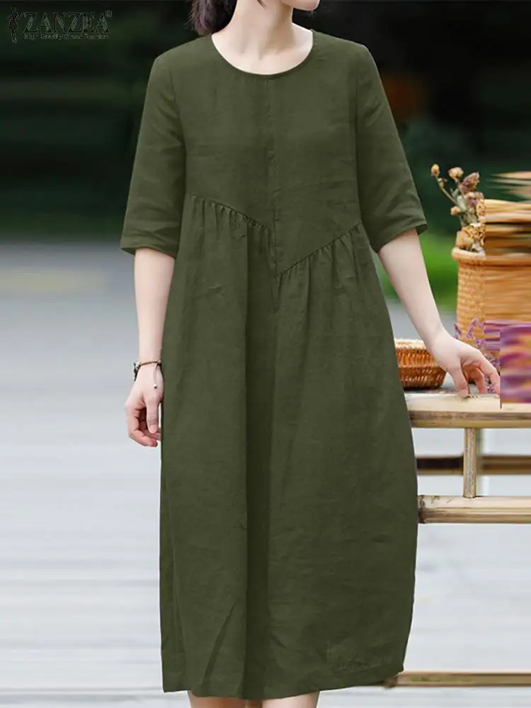 

ZANZEA Oversize Women's Dresses Summer Half Sleeve Solid Dress Women Holiday Causal Sundress Vintage Cotton Vestido Robe Femme