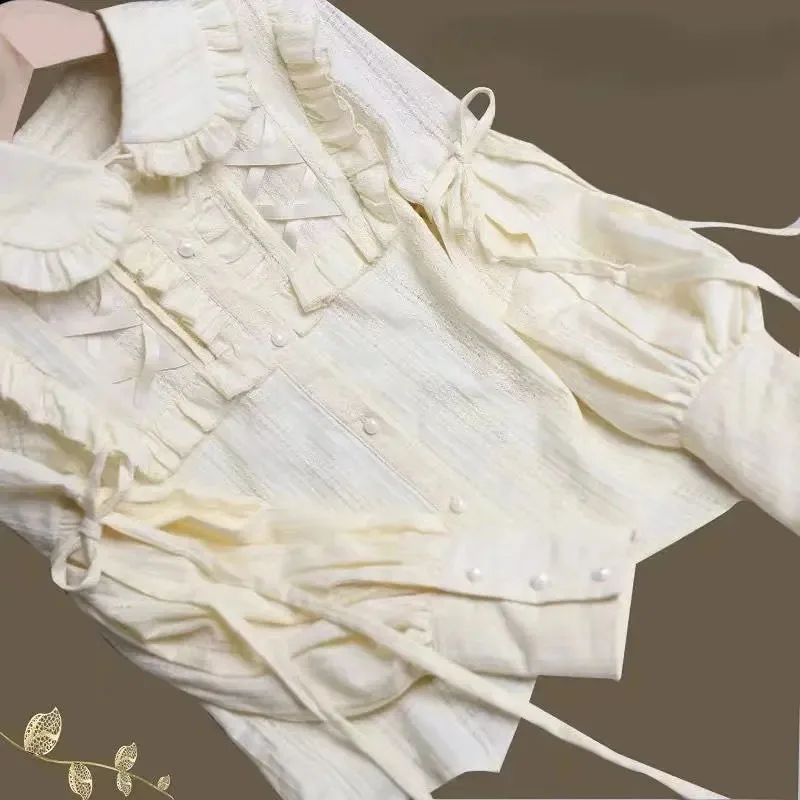 Sweet Ruffles Lolita Blouses Japanese Women Gigot Sleeve Basic Cotton Button Up Vintage Gothic Kawaii Tops