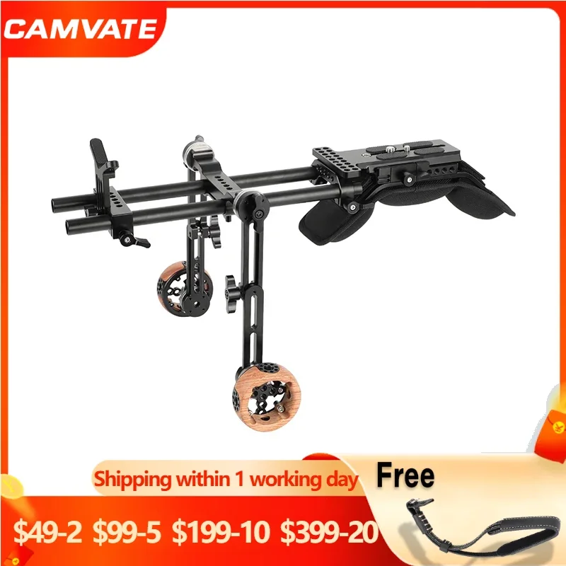 

CAMVATE Camera Shoulder Mount 15mm Railblock Rig With Manfrotto QR Plate & Wooden Handgrip & Lens Support For DSLR Cameras NEW