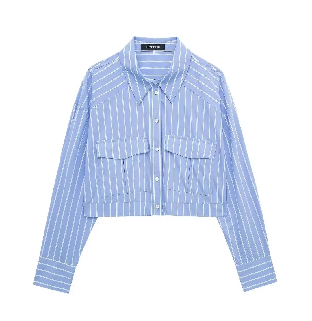 HH Women Elegant Striped Blouse Sweet Breasted Long Sleeve Shirt With Front Pocket 2024 Woman Cropped Pink Blue Blouses Top