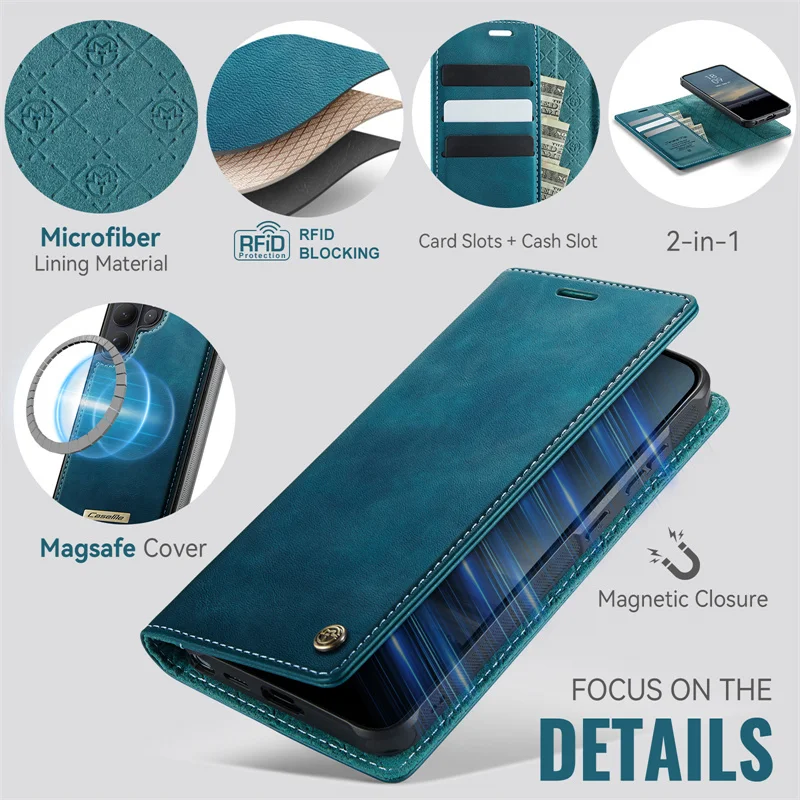 Magnetic Leather Flip Wallet Phone Case with Wireless Charging Compatibility