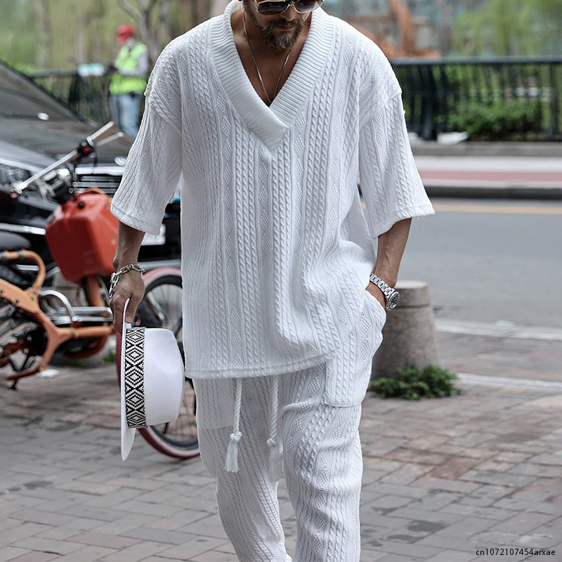 

Summer Fashion Loose Knit Two Piece Set Men Streetwear Casual Solid Half Sleeve V Neck Knitted Tops And Drawstring Shorts Suits
