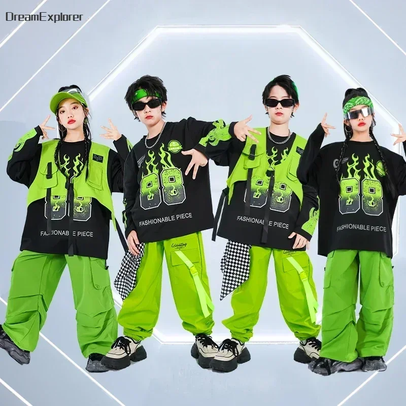 Girls Cool K-pop Vest Sweatshirt Cargo Pants Boys Hip Hop Street Dance Clothes Sets Kids Jazz Green Costumes Children Streetwear