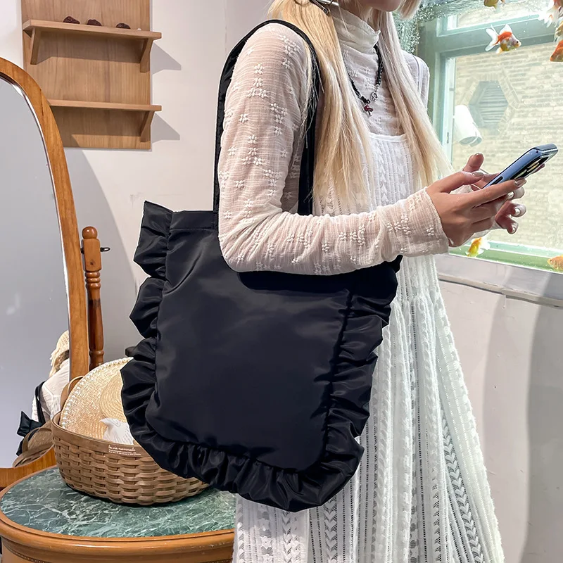 Vintage Women Tote Bags French Style Ruffles Elegant Sac A Main Femme Large Capacity Light Thin Shoulder Bolso Mujer Handbags - 5