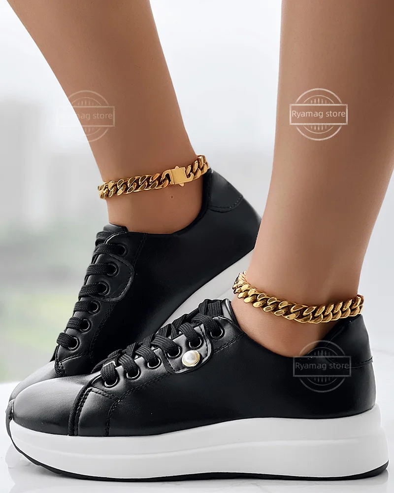 Leopard Print Studded Decor Eyelet Lace-up Sneakers