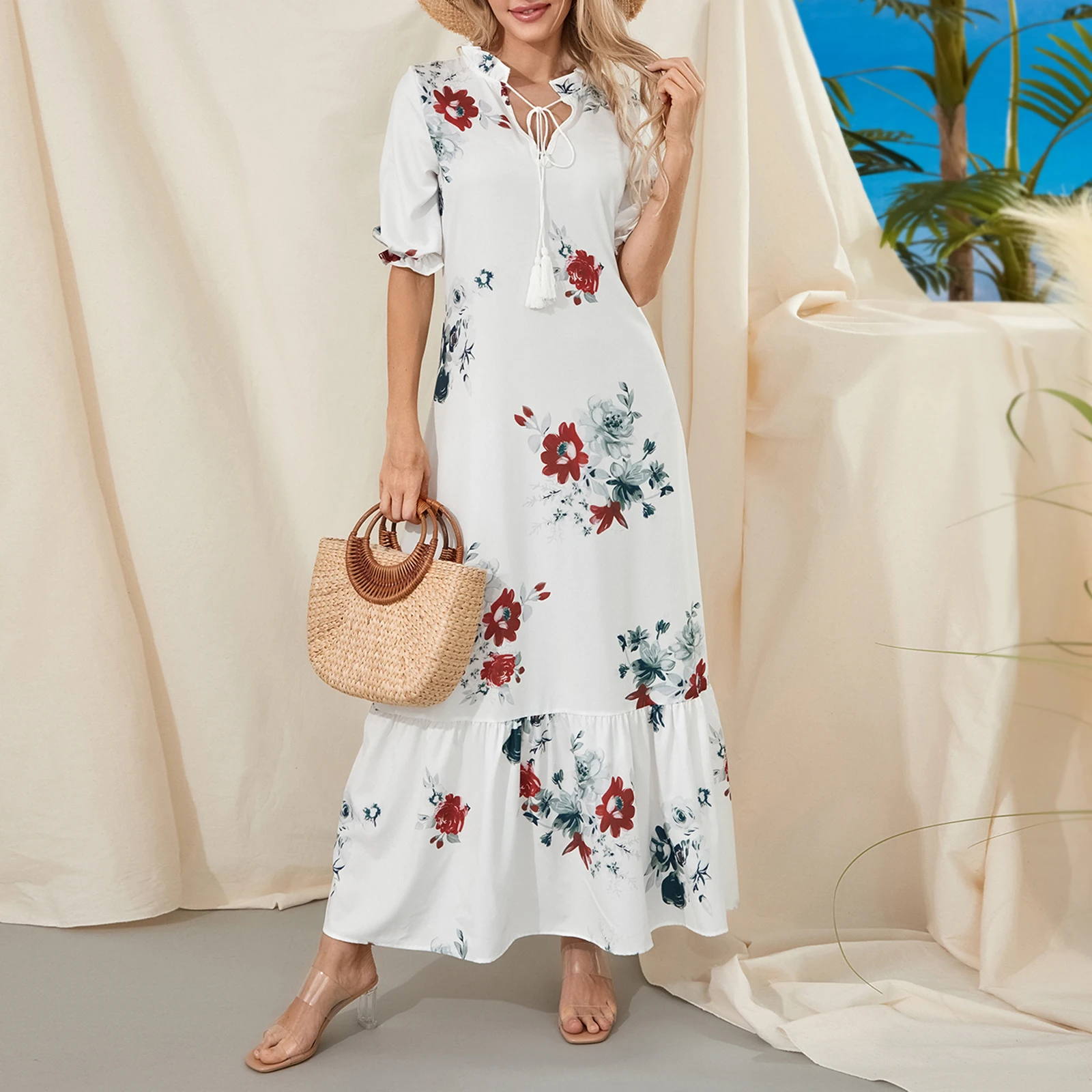 

Women's Beach Style Holiday Long Dress Elegant Short Sleeve V Neck Flower/Graphic Print Loose Swing Summer Dress