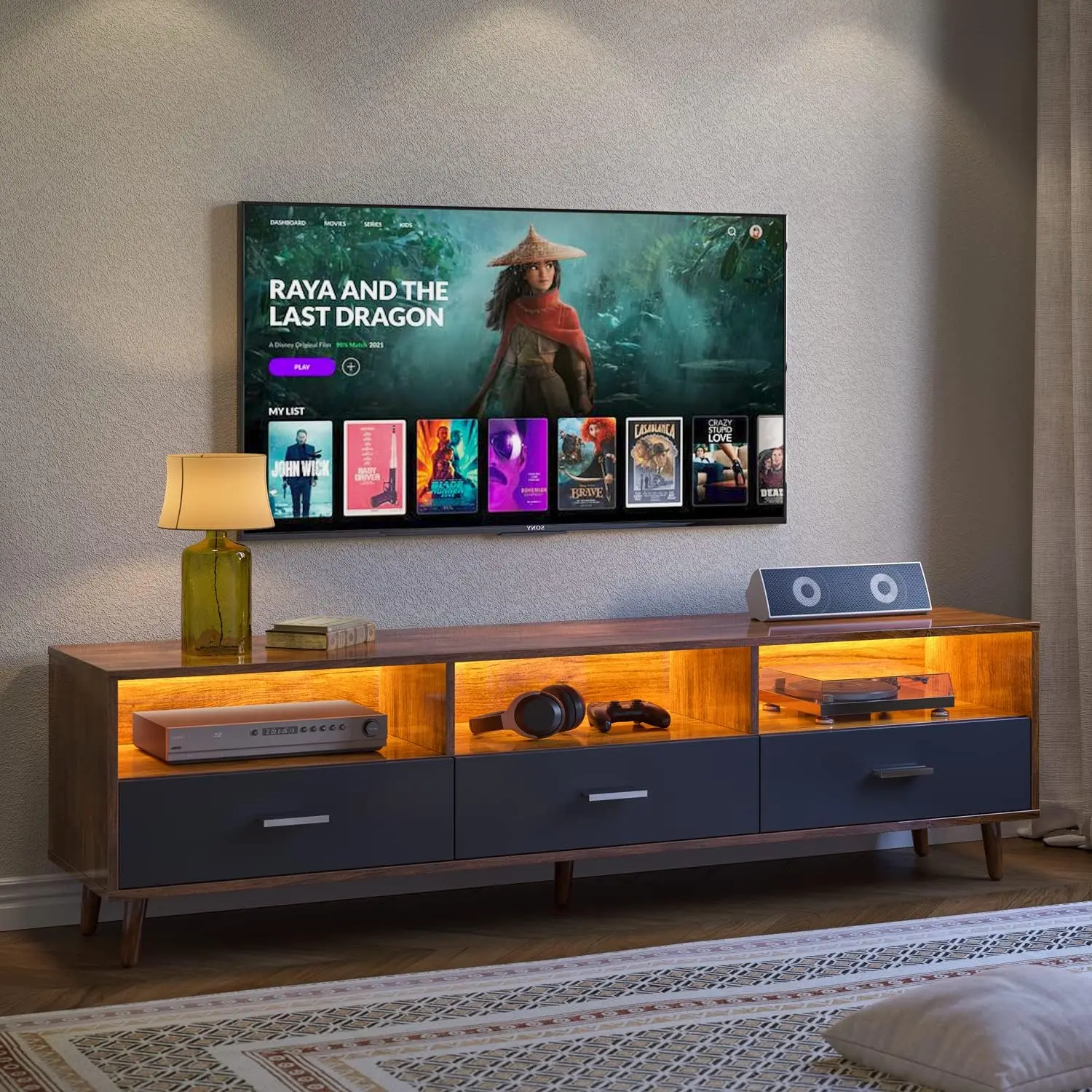 

LED TV Cabinet TV Stand, 63 inch Media Console with LED Light, Entertainment Center, for TV up to 70 inch, Storage Cabinet