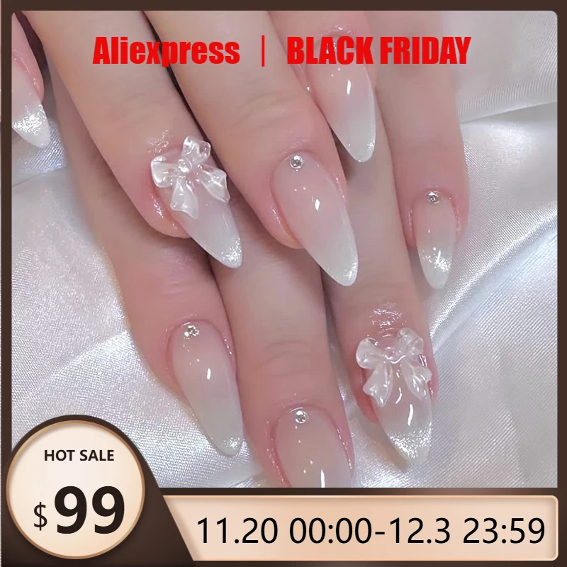 24 pièces doux oeil de chat français presse sur ongles diamant pointu tridimensionnel nœud papillon portable ongles pour femmes et fille amande ongles - AliExpress