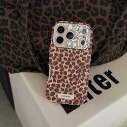 Elegant Rhinestone - Accented Leather Phone Case - Shockproof Protective Back Cover - iPhone 15 Plus (Leopard Print)