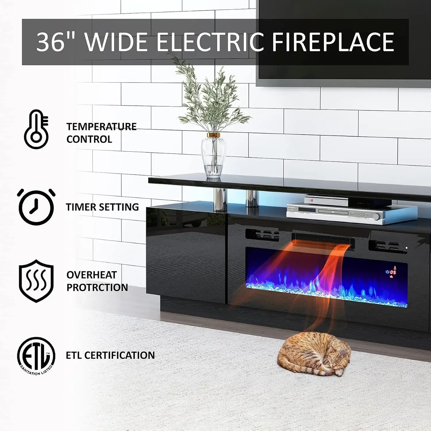 110" Large Fireplace TV Stand Set , Includes 70" 2-Tier Fireplace TV Stand, TV Console with LED Light for Living Room, Black 3